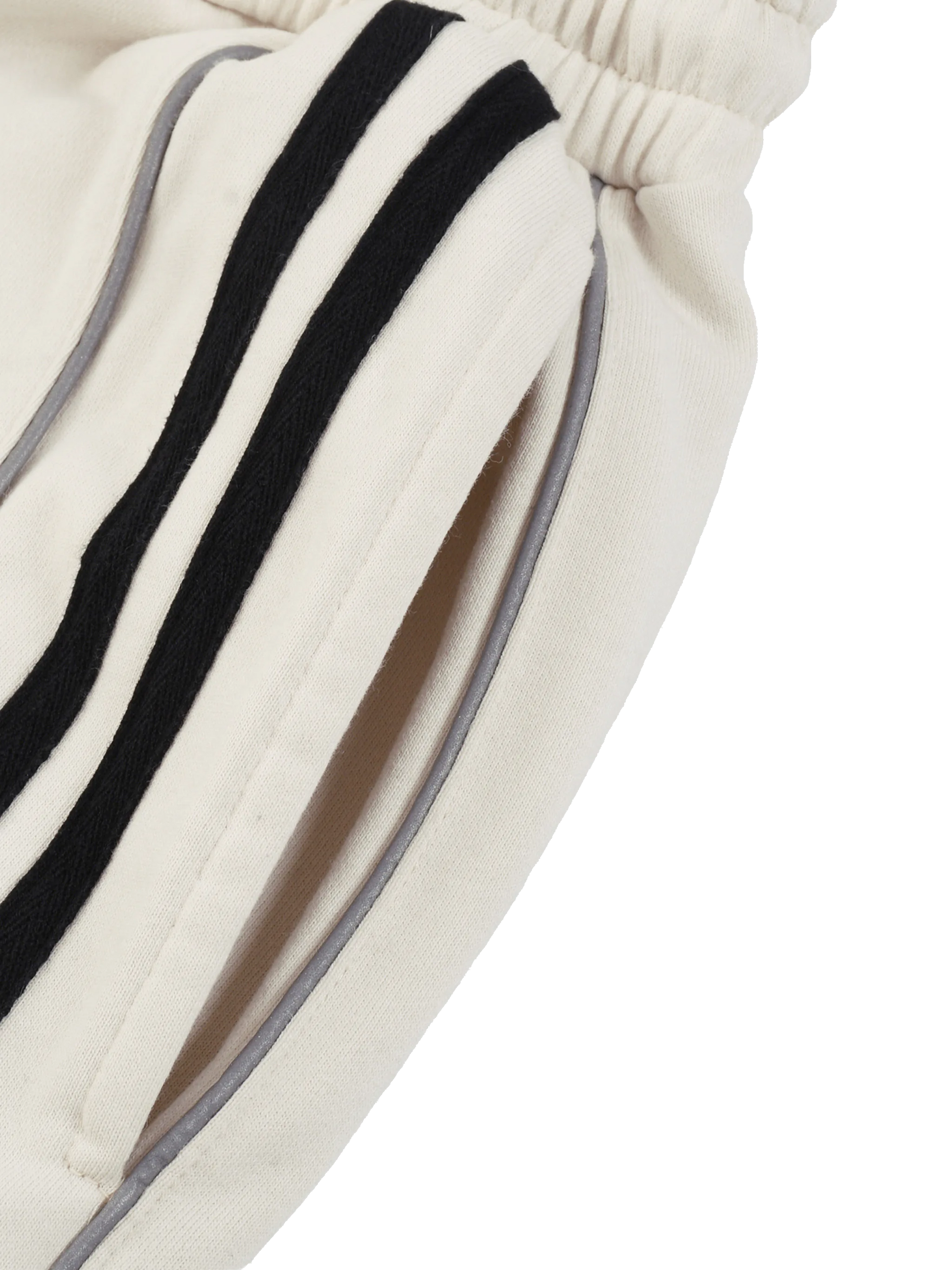 Close-up of a white garment with black stripes on a white background