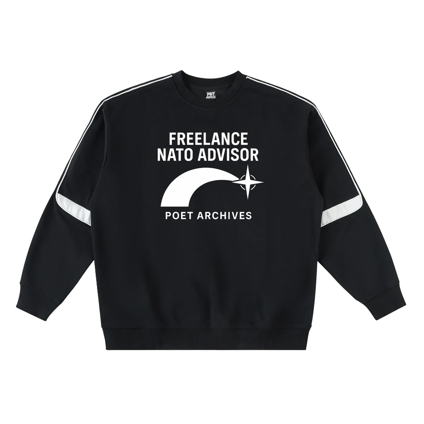 Black sweatshirt with 'Freelance NATO Advisor' text and logo on a white background
