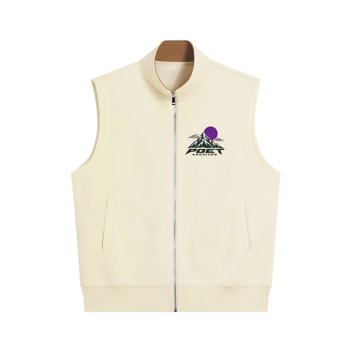 Cream Dolomites-inspired hiking vest with mountain graphic and John Muir design