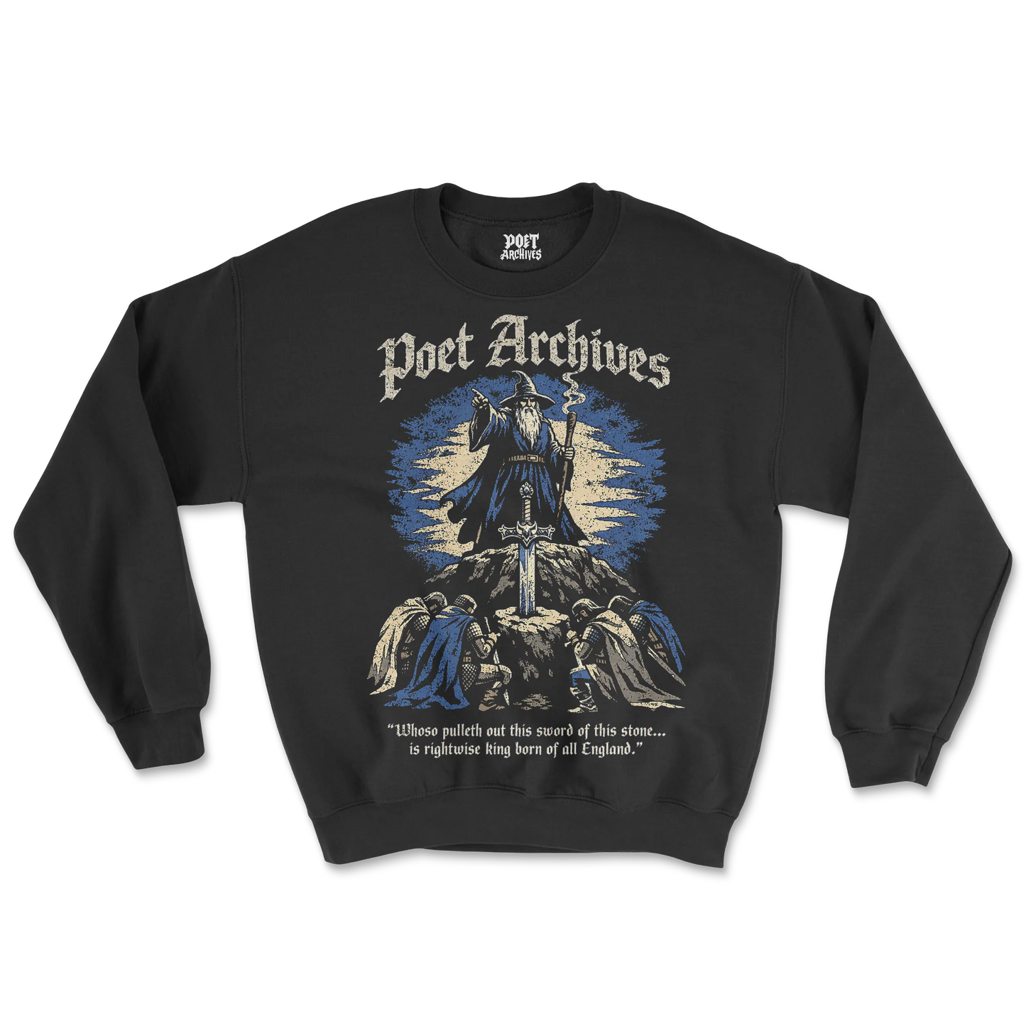 Black sweatshirt with 'Poet Archives' graphic design featuring a wizard and text on a white background