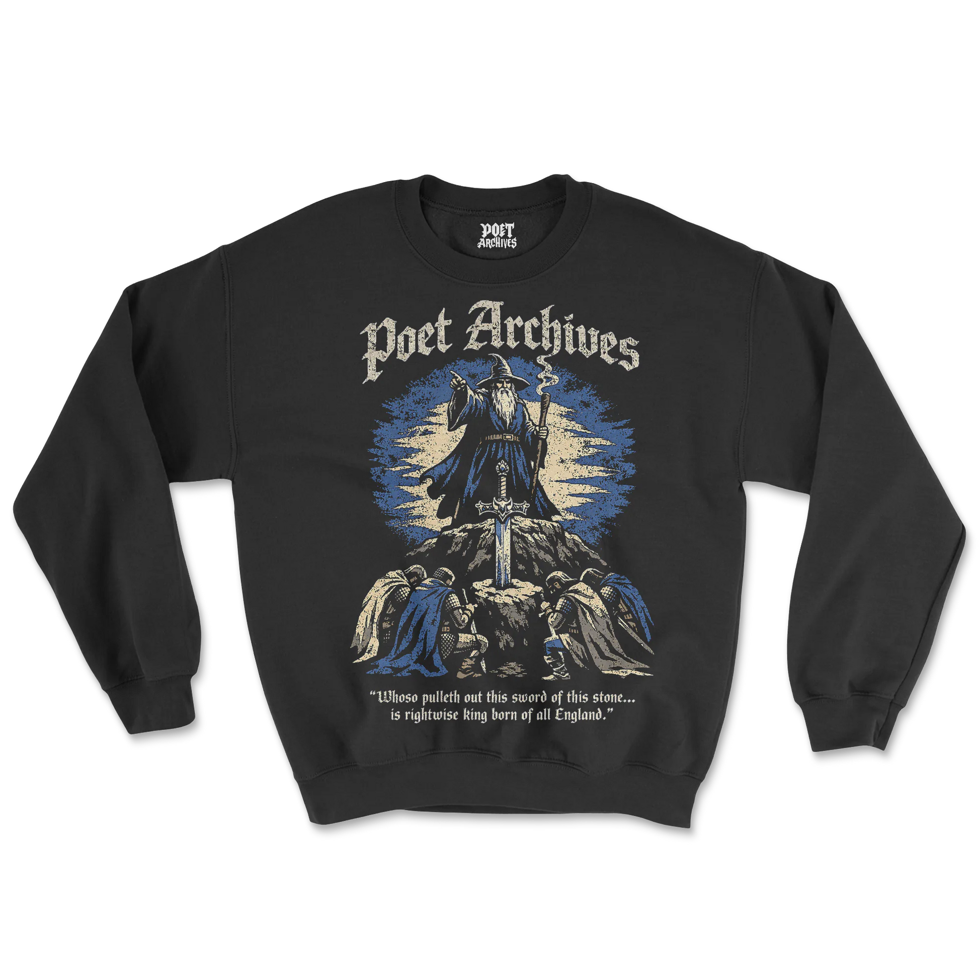Black sweatshirt with 'Poet Archives' graphic design featuring a wizard and text on a white background