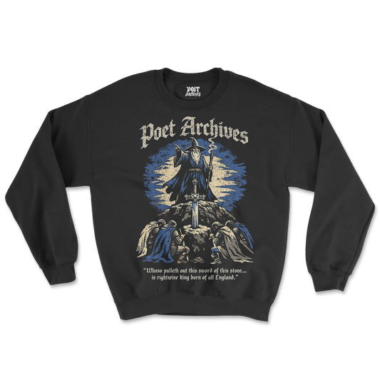 Black sweatshirt with 'Poet Archives' graphic design featuring a wizard and text on a white background