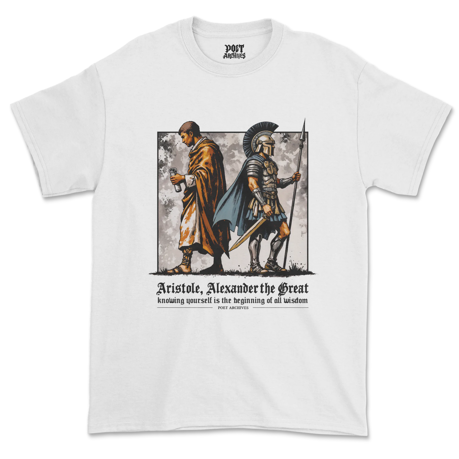 White t-shirt with graphic of Aristotle and Alexander the Great on a white background