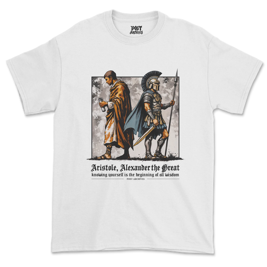 White t-shirt with graphic of Aristotle and Alexander the Great on a white background