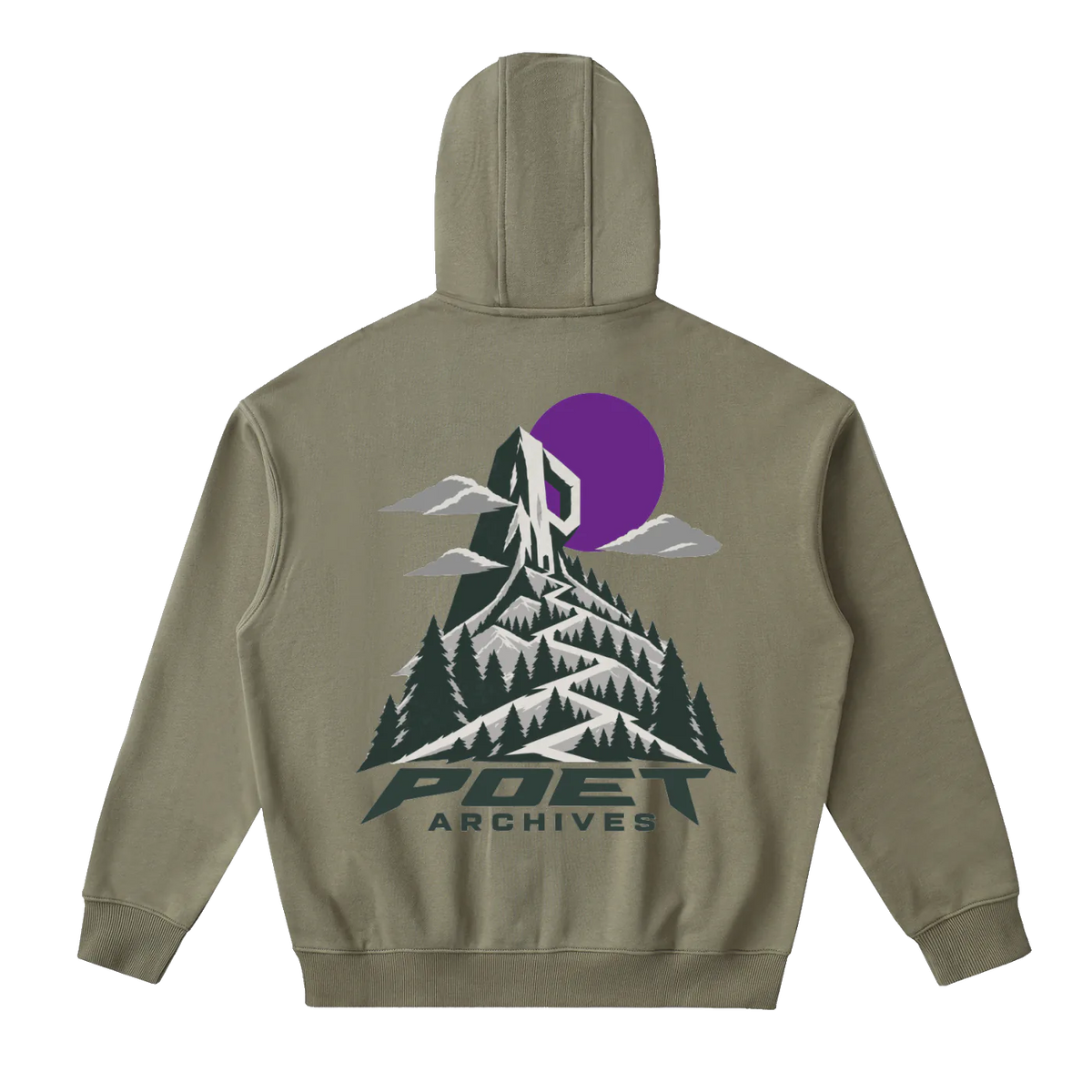 An olive green hoodie shown from the back, featuring a large graphic print of a mountain, pine trees, a purple sun, and the text 'POET ARCHIVES'.