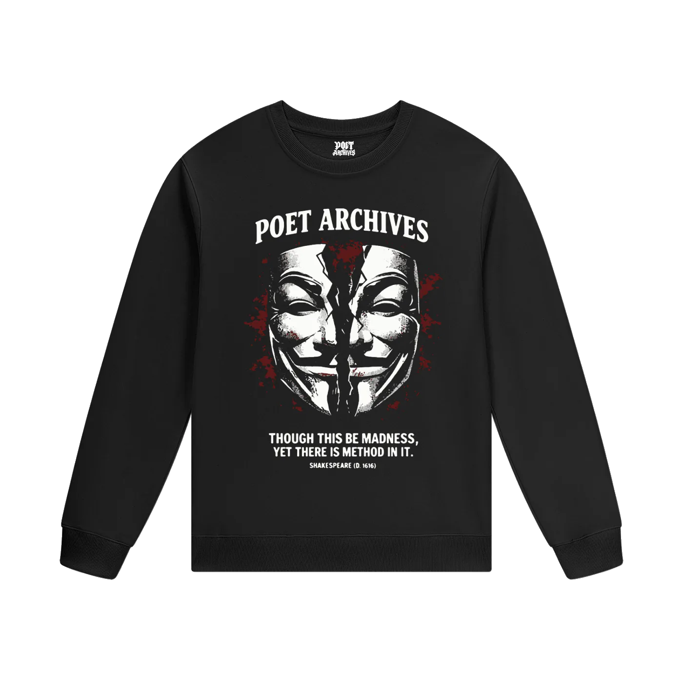 Black sweatshirt with a graphic design and text on a white background