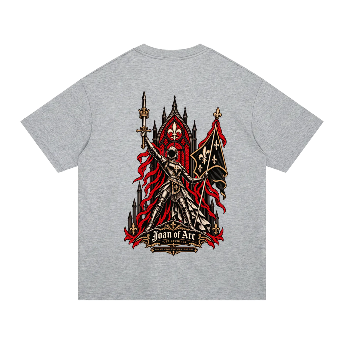 A heather gray short-sleeve t-shirt with a large graphic print on the back featuring a knight in armor, a red banner, and the text 'Joan of Arc' at the bottom.