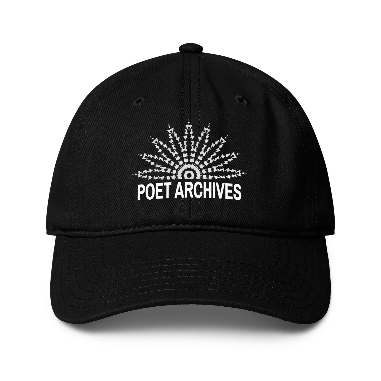 A black baseball cap with a white embroidered sunburst graphic and the text 'POET ARCHIVES' on the front, shown against a plain white background.