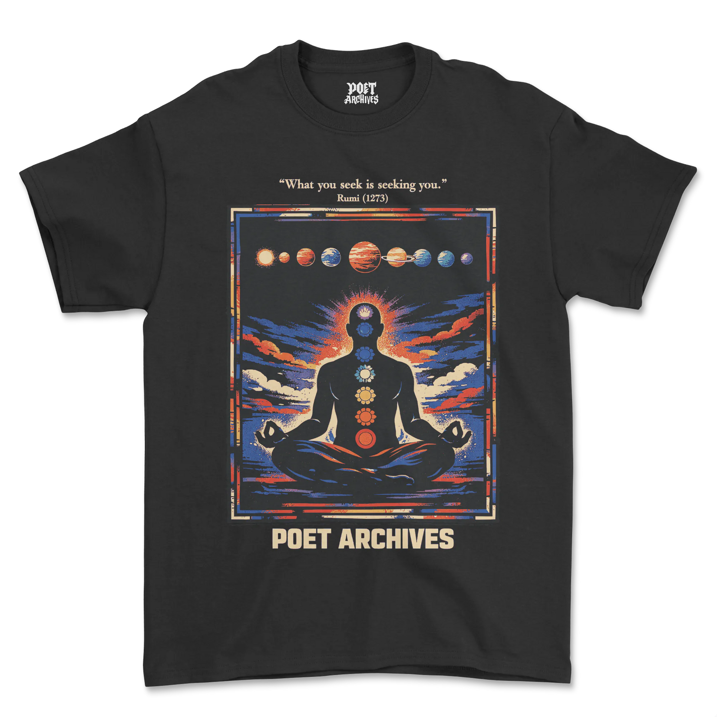 Black t-shirt with a meditating figure and solar system design, featuring 'Poet Archives' branding.