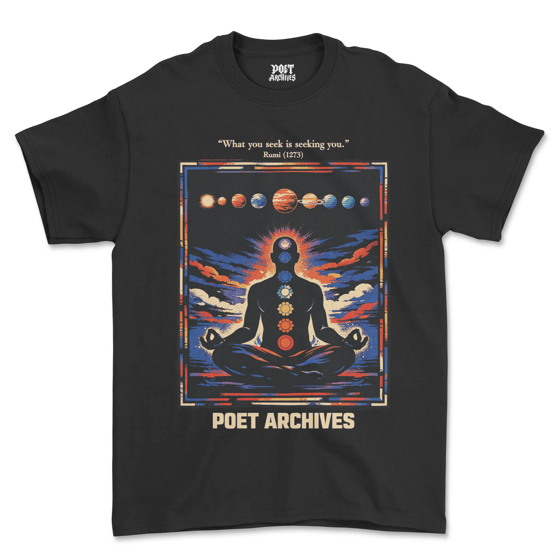 Black t-shirt with a meditating figure and solar system design, featuring 'Poet Archives' branding.