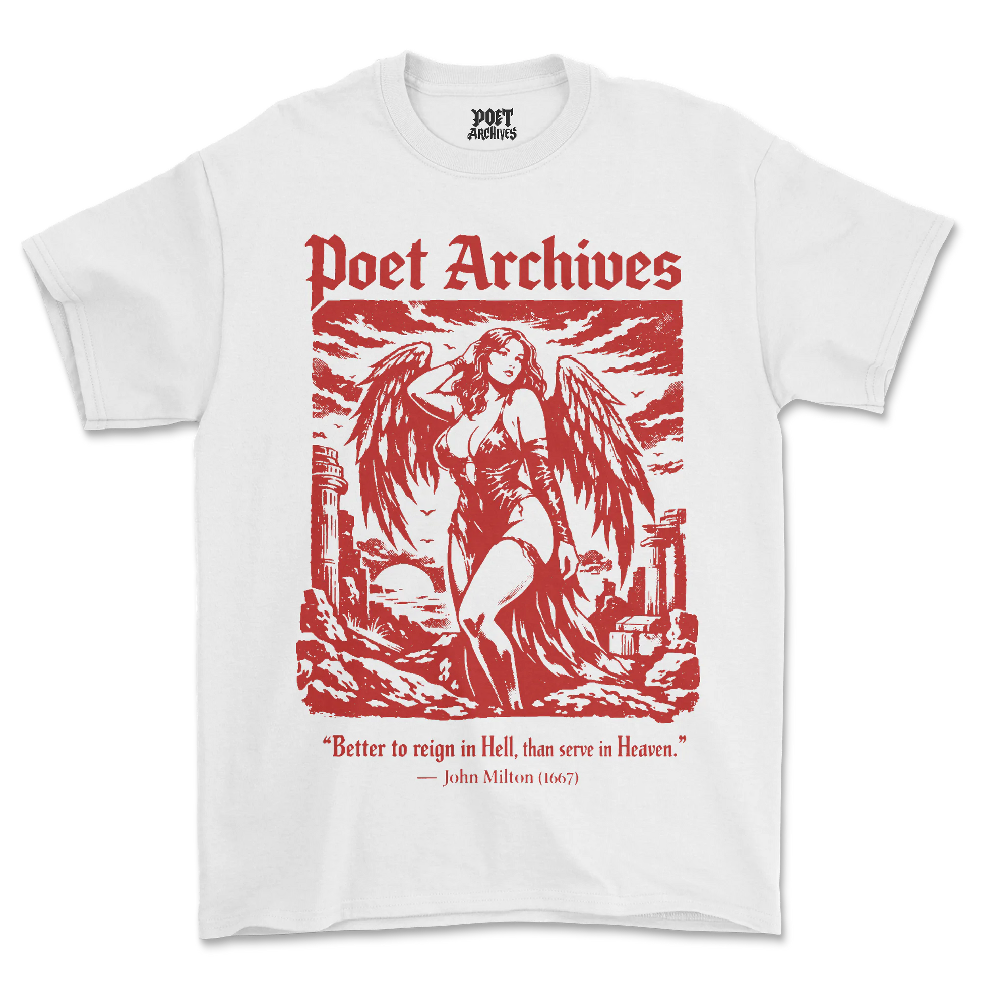 White t-shirt with red graphic and 'Poet Archives' text on a white background