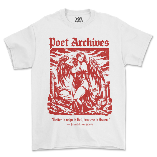 White t-shirt with red graphic and 'Poet Archives' text on a white background