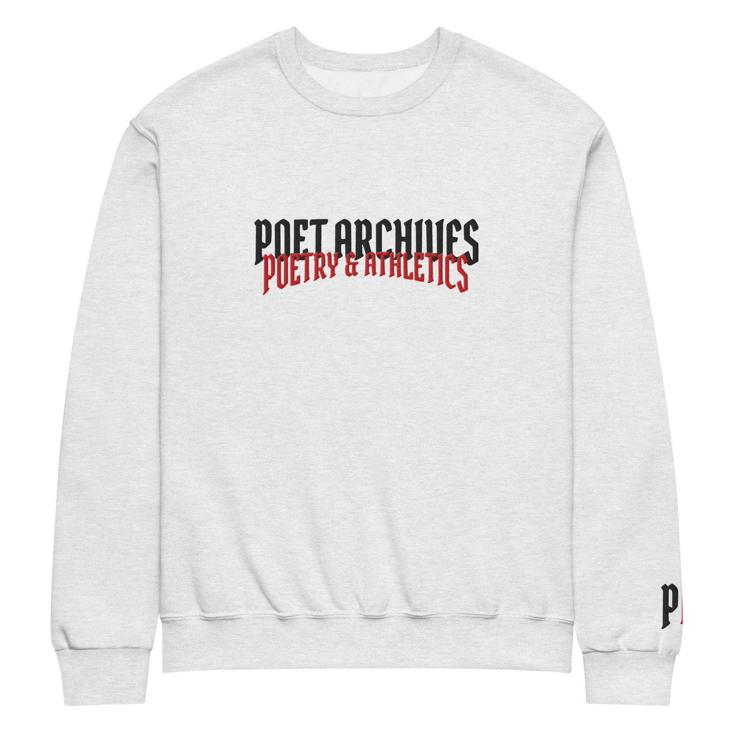 White sweatshirt with 'Poet Archives Poetry & Athletics' text on a white background