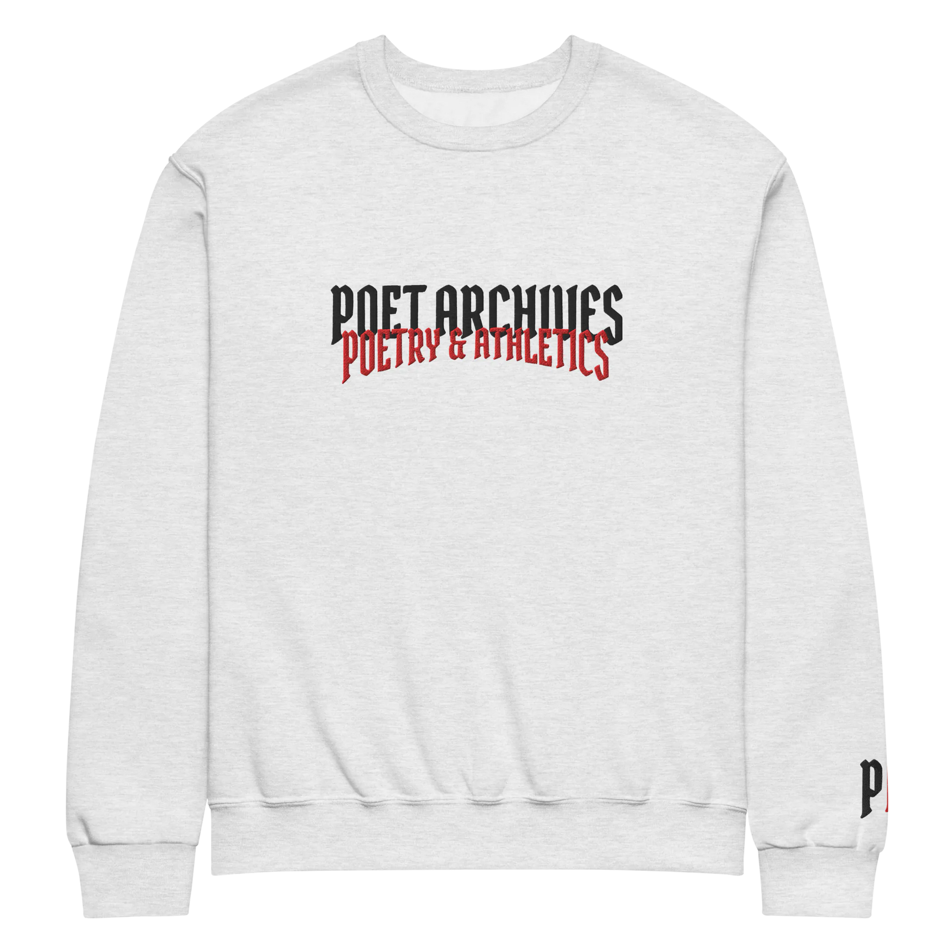 White sweatshirt with 'Poet Archives Poetry & Athletics' text on a white background
