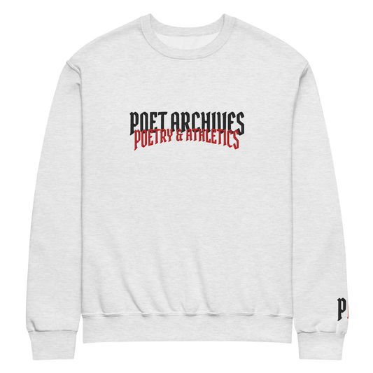 White sweatshirt with 'Poet Archives Poetry & Athletics' text on a white background