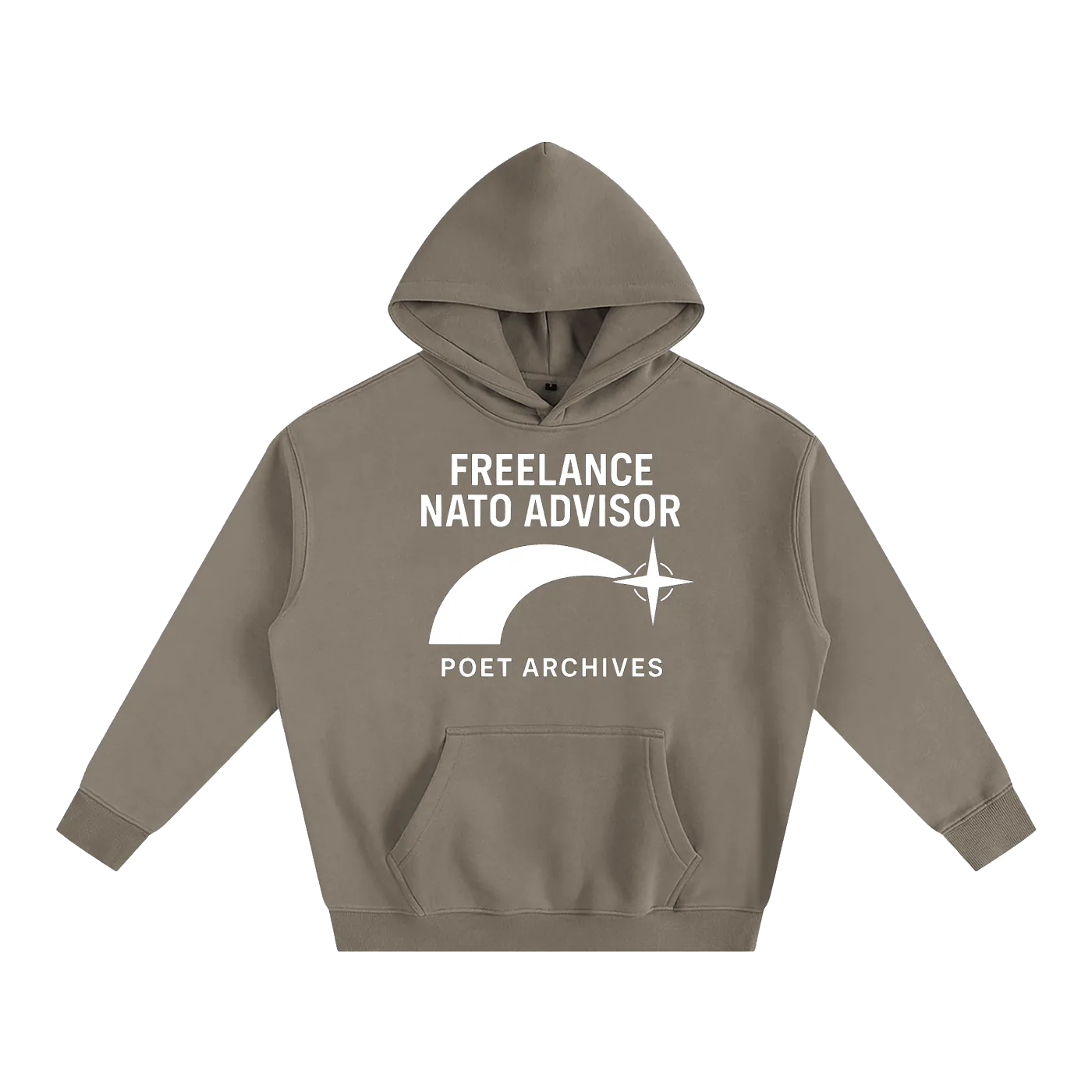 Brown hoodie with 'Freelance NATO Advisor' text and logo on a white background