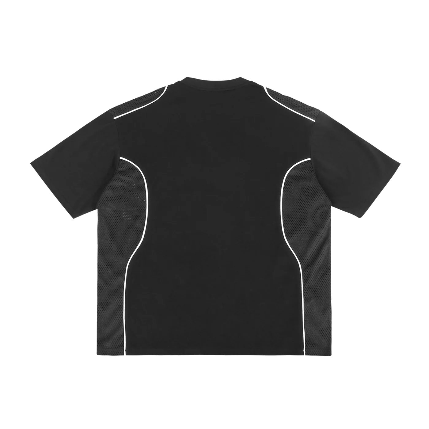 Black t-shirt with white accents on a white background
