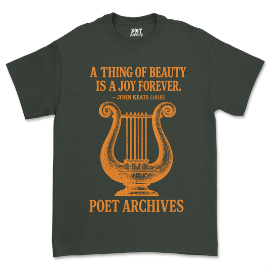 Green t-shirt with orange lyre design and text on a white background