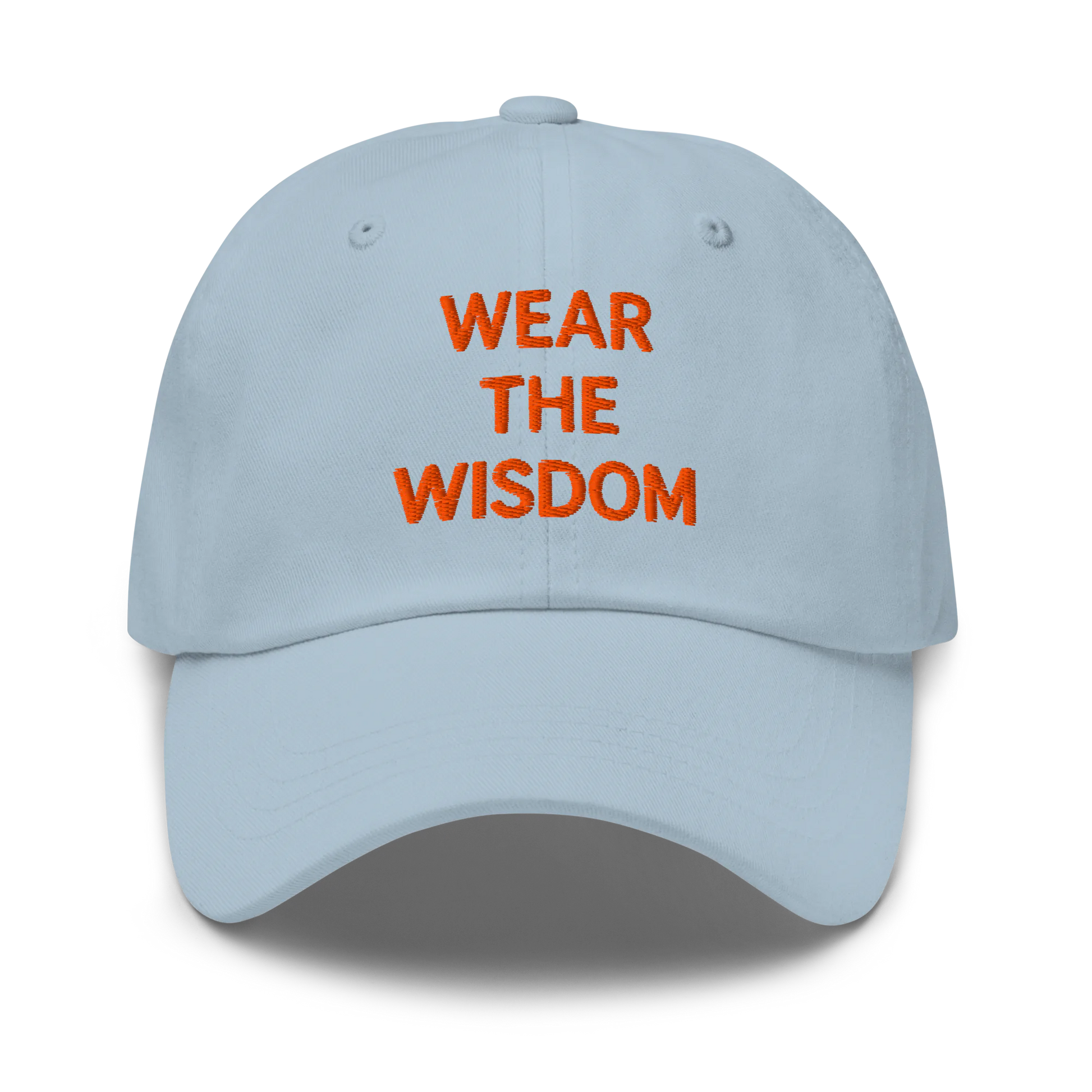 Light blue cap with 'WEAR THE WISDOM' text in orange on a white background