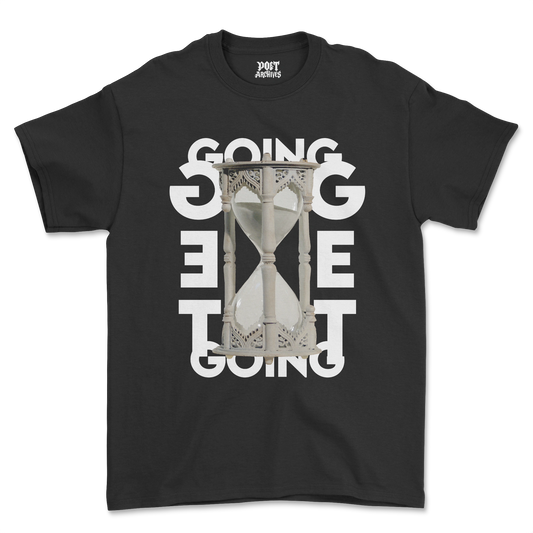 Black t-shirt with a mirrored 'Going'/'Get'/'Going' typographic design surrounding a photographic hourglass graphic