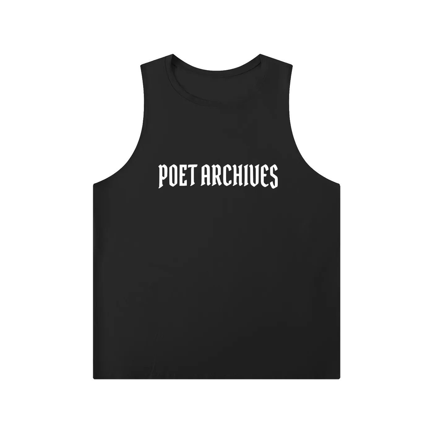 Black tank top with 'POET ARCHIVES' text on a white background