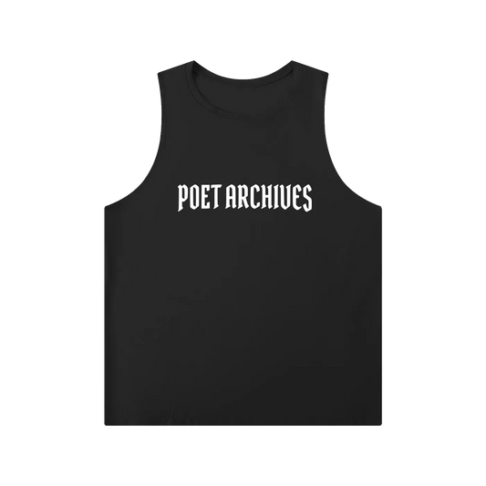 Black tank top with 'POET ARCHIVES' text on a white background