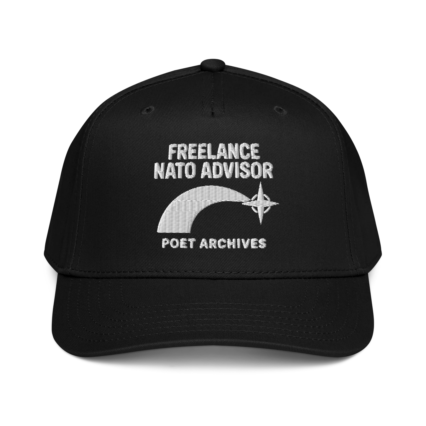 Black cap with 'Freelance NATO Advisor' text and logo on a white background