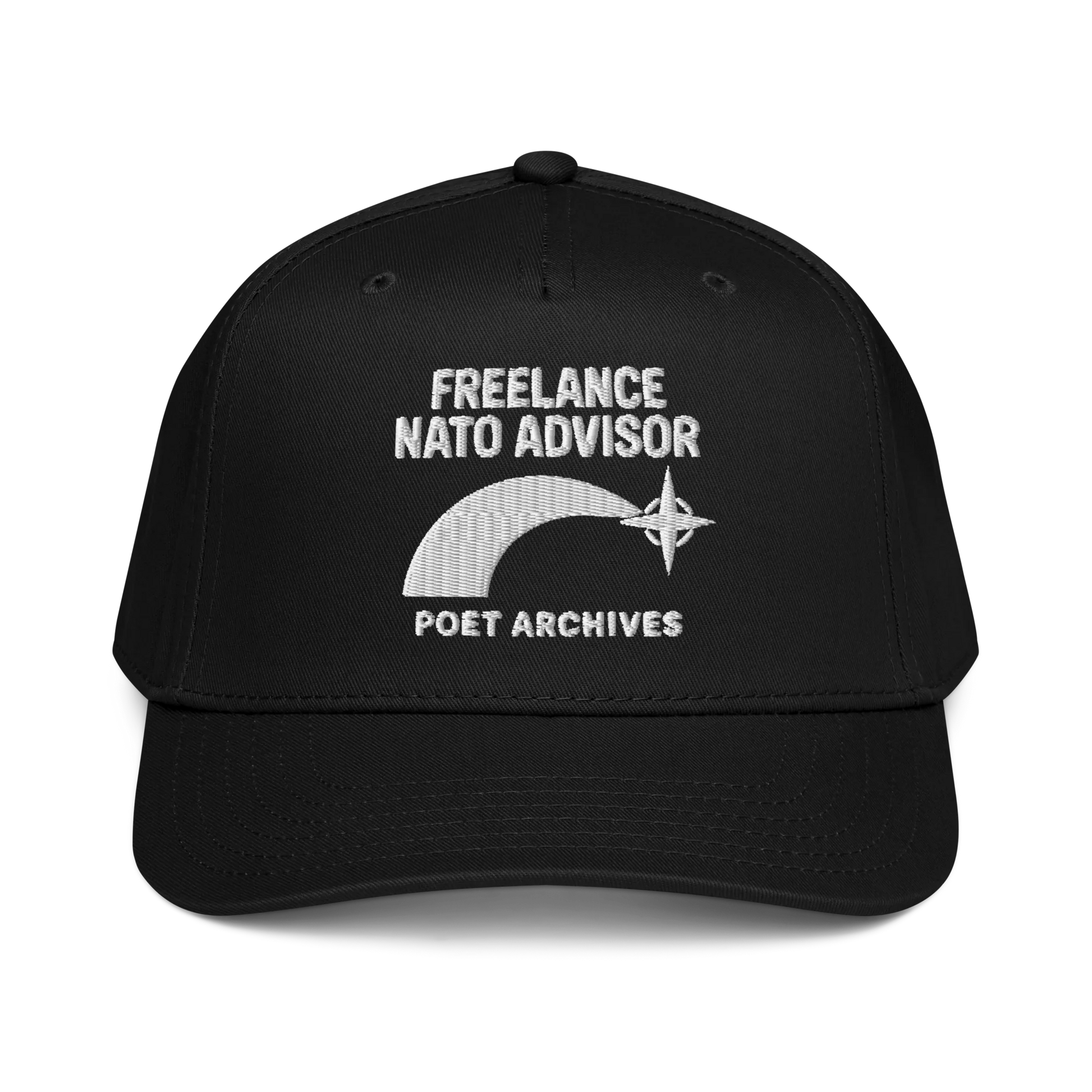 Black cap with 'Freelance NATO Advisor' text and logo on a white background