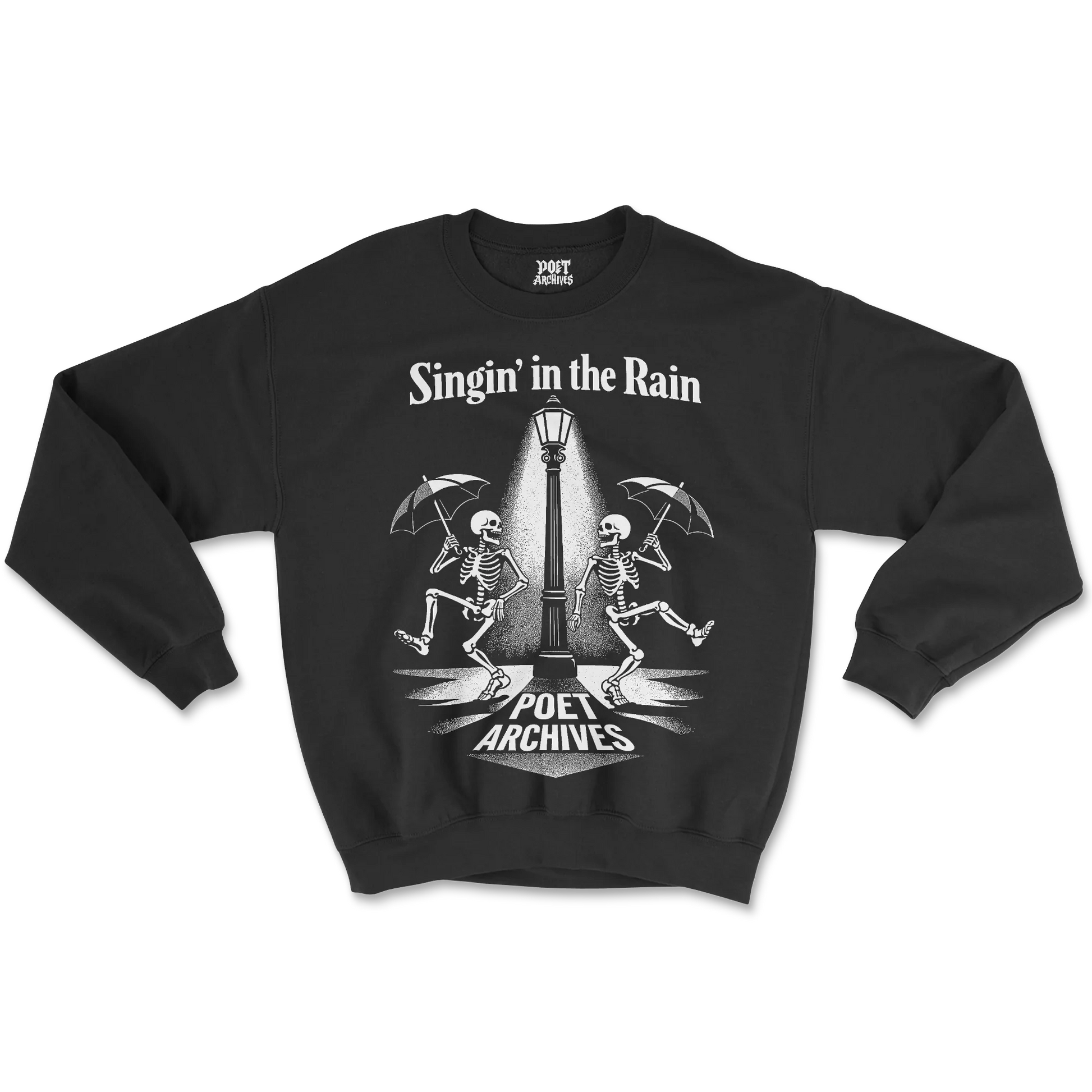 Black sweatshirt with skeleton design and text 'Singin' in the Rain' on a white background