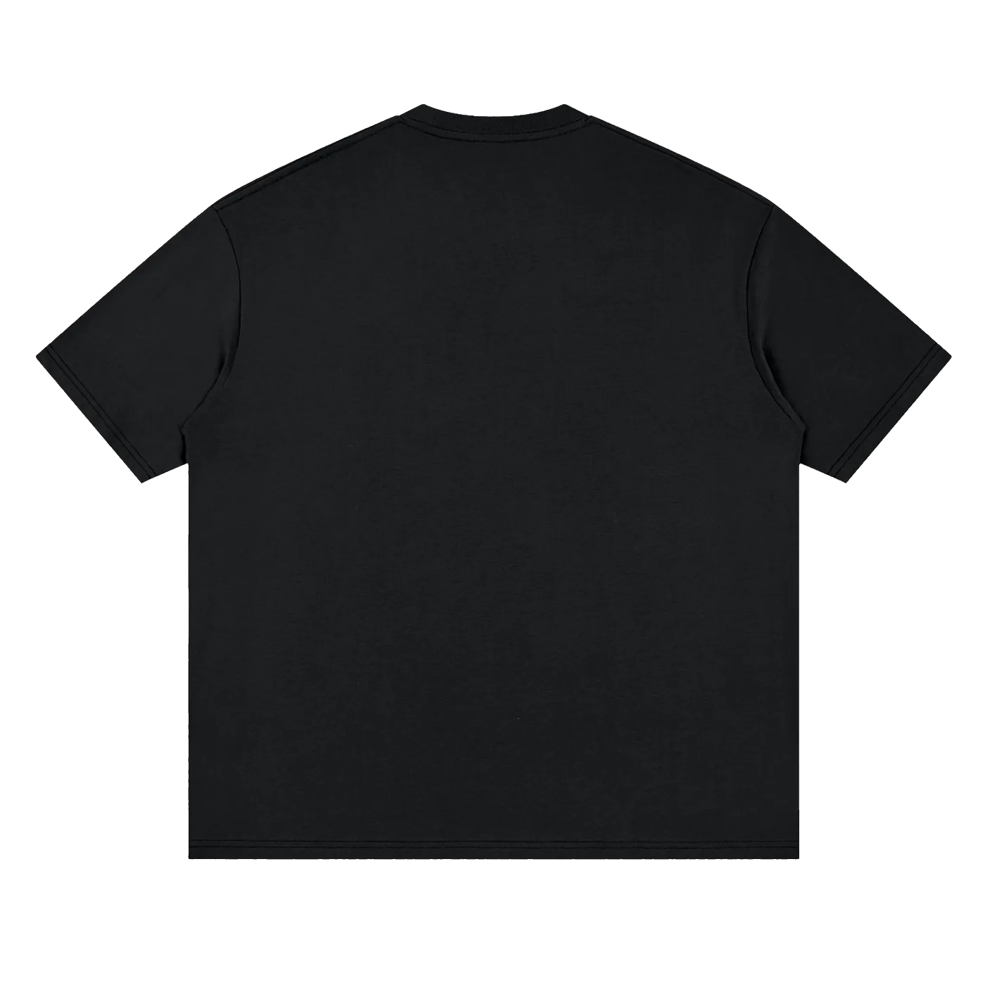 A plain black short-sleeve crewneck t-shirt shown from the back, laid flat against a solid white background.