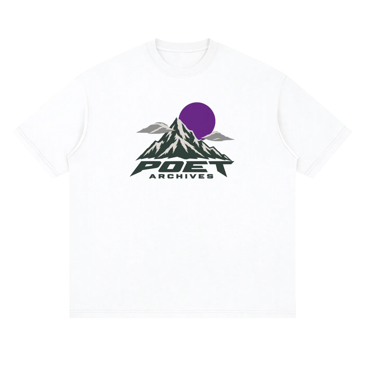 A white short-sleeve crewneck t-shirt featuring a graphic print on the chest of a purple sun over dark green and gray mountains, with the text 'POET ARCHIVES' underneath.