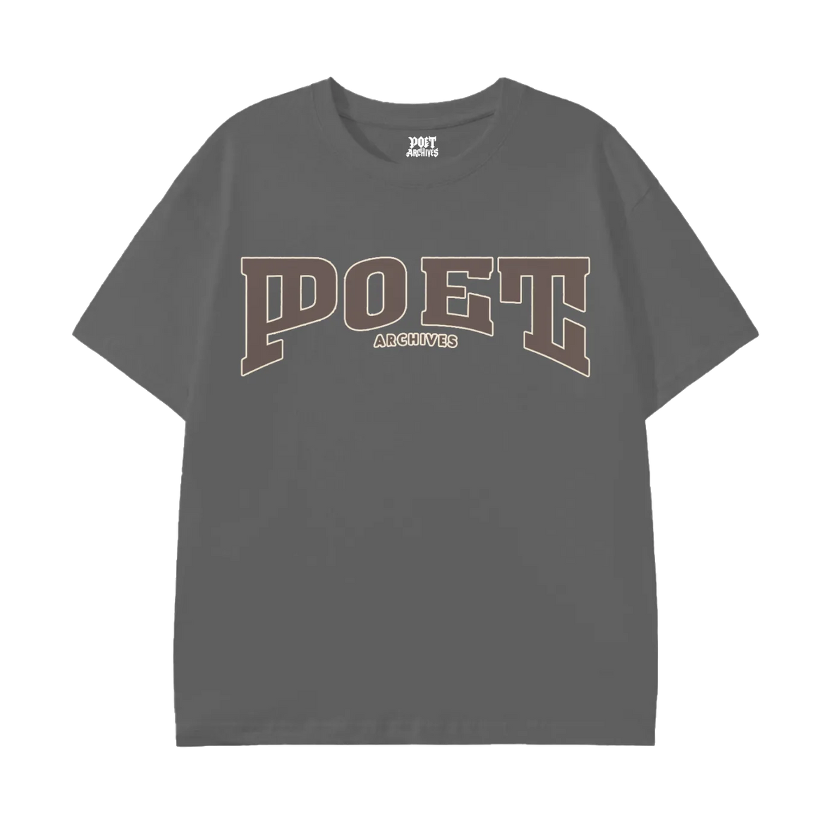 A dark gray short-sleeve t-shirt with 'POET' printed across the chest in a brown and beige outlined collegiate font, with 'ALSO WIS' underneath, shown on a plain white background.