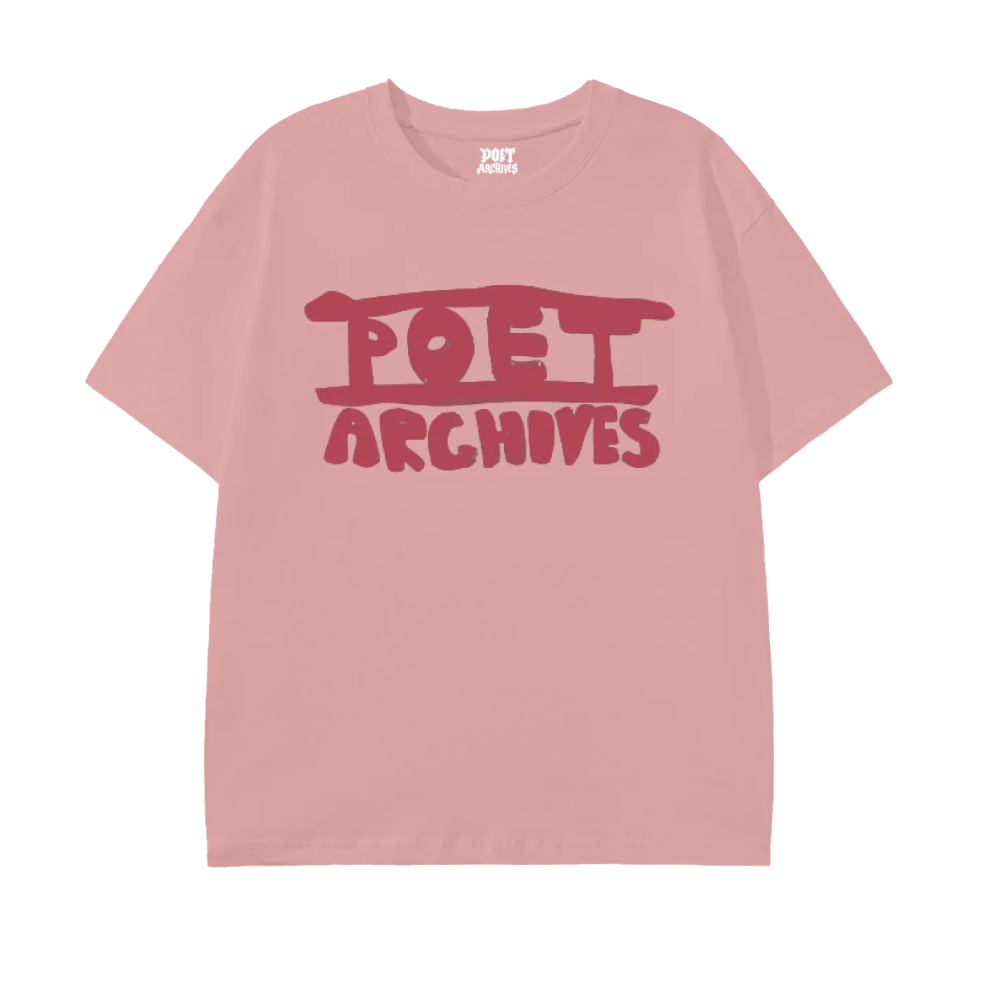Pink t-shirt with 'POET ARCHIVES' text on a white background