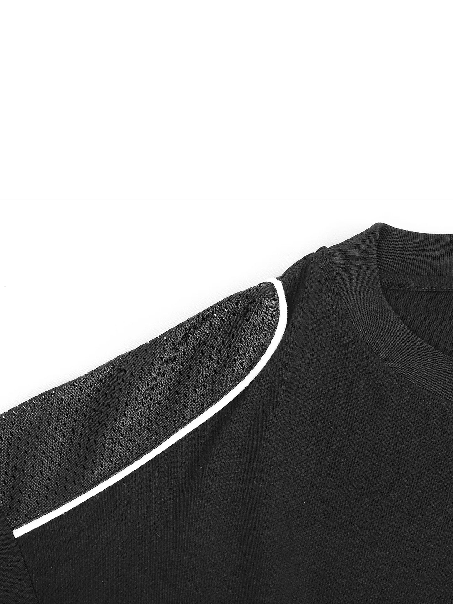 Black long-sleeve shirt with mesh detailing on a white background