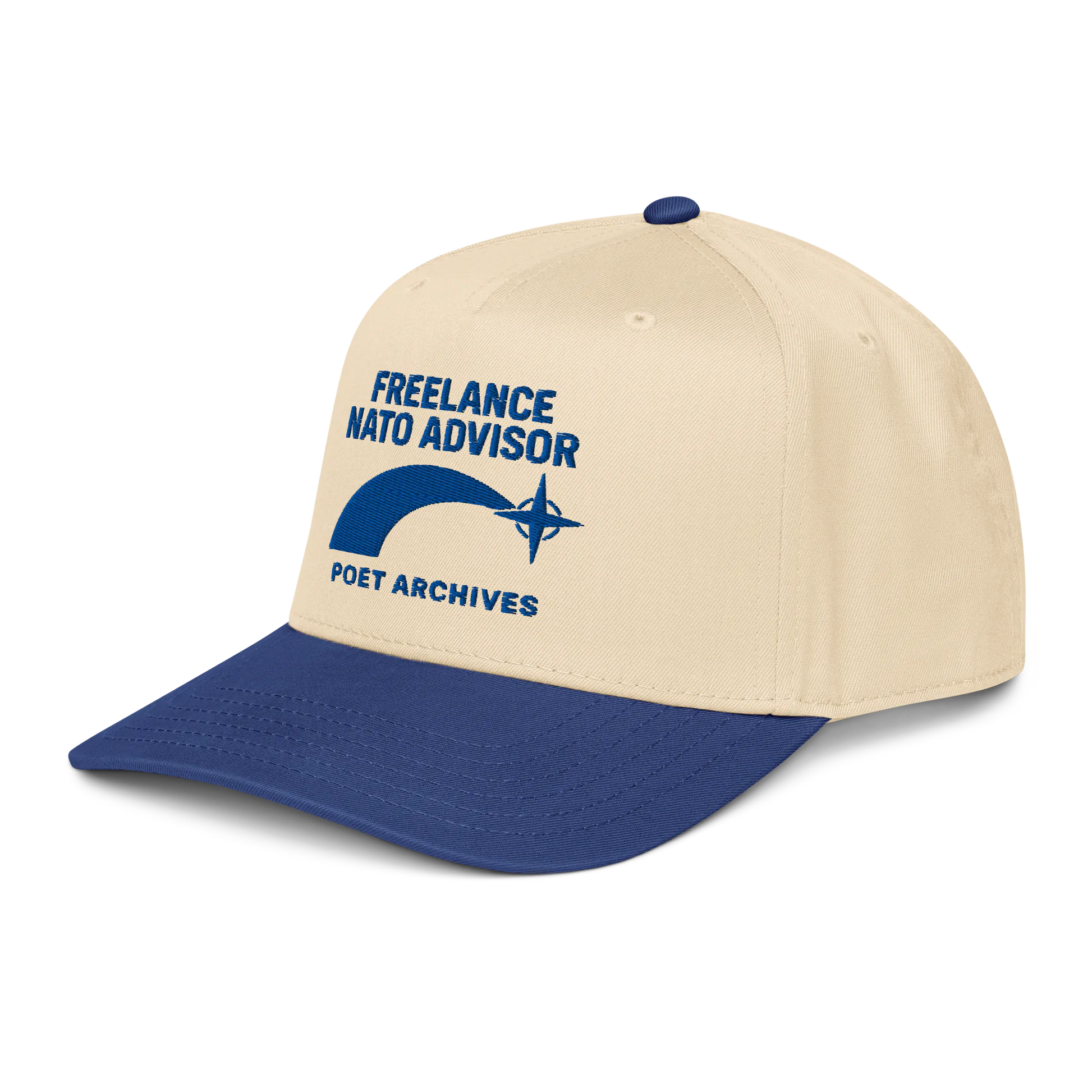 Beige and blue cap with 'Freelance NATO Advisor' text and logo on a white background