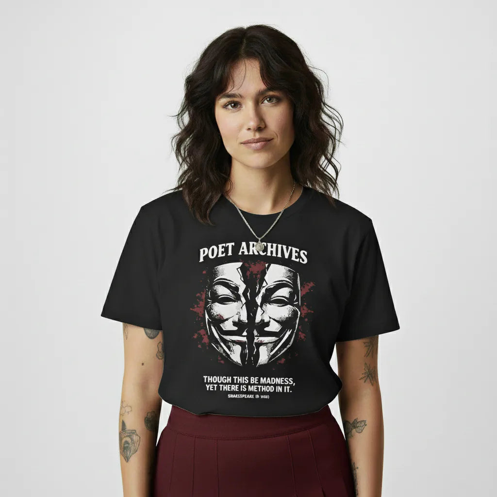 Person wearing a black t-shirt with 'Poet Archives' design and text.