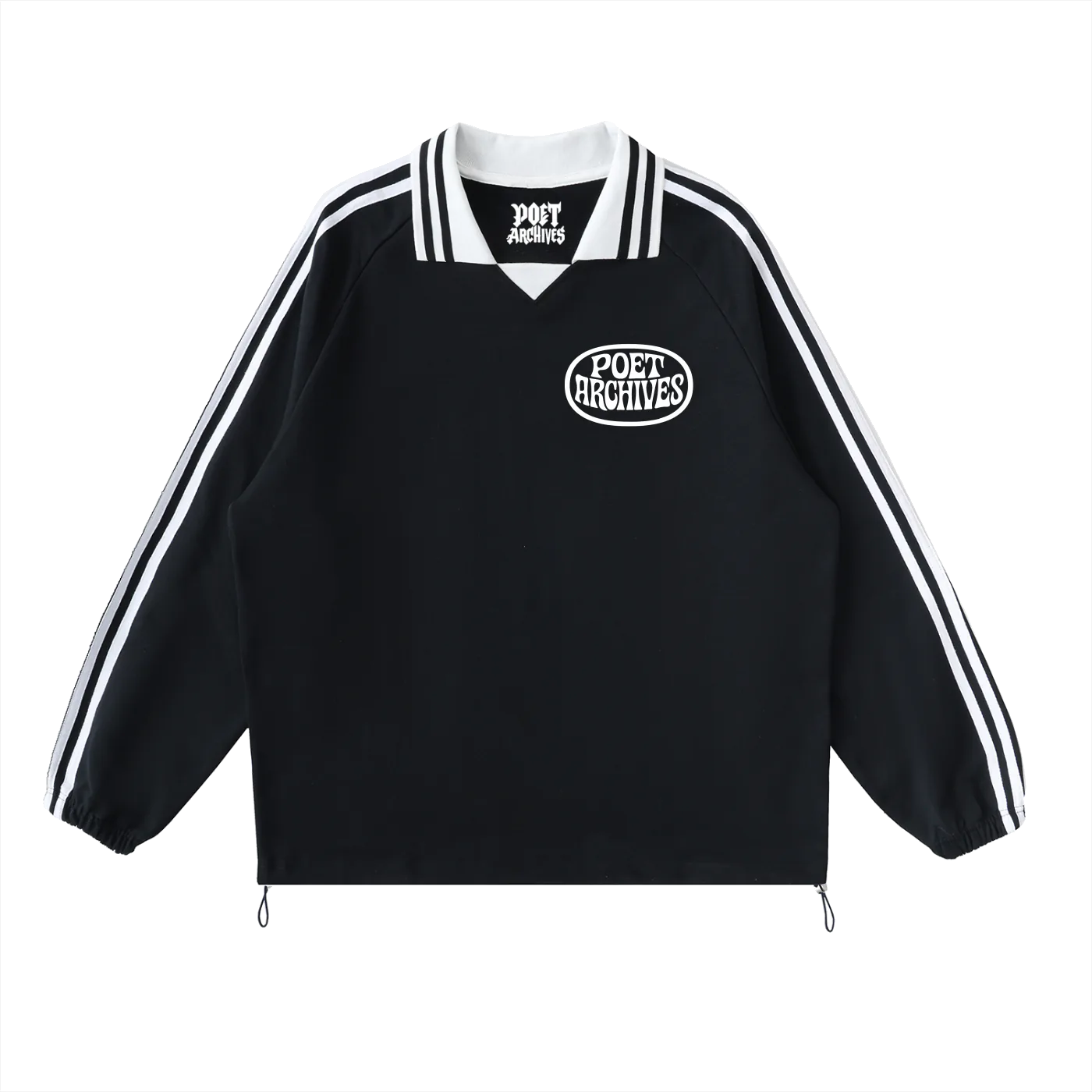 Black sweatshirt with white stripes and 'Poet Archives' logo on a white background