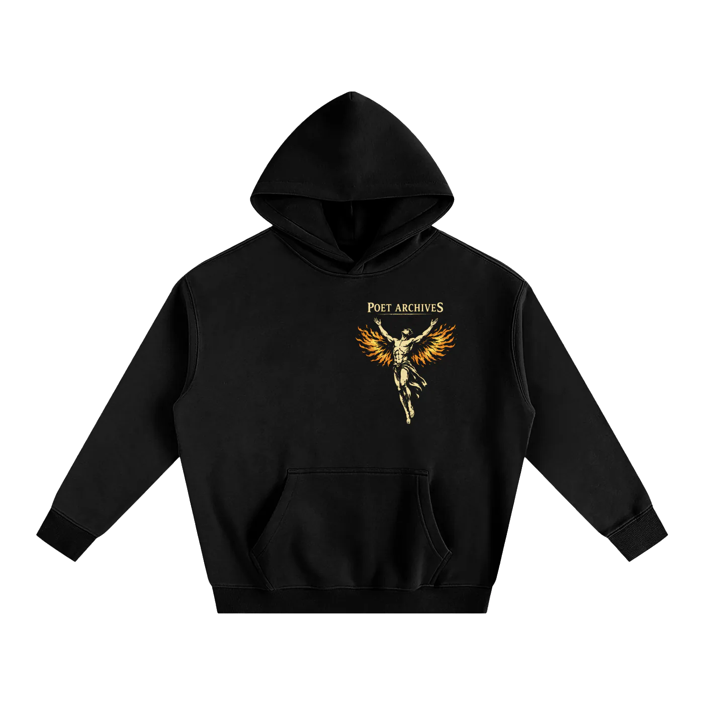 Black hoodie with a graphic design on a white background