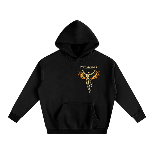Black hoodie with a graphic design on a white background