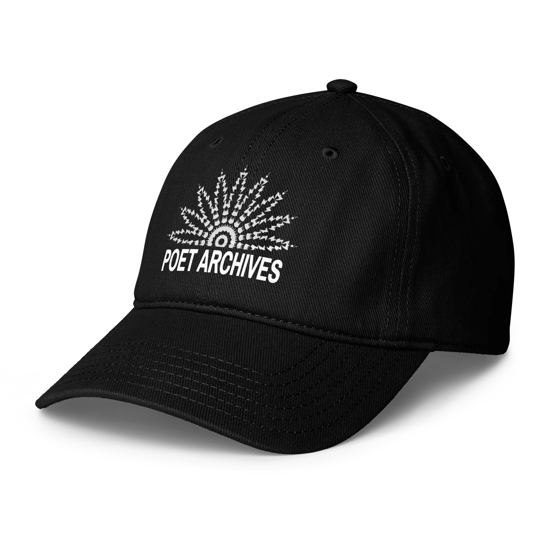 A black baseball cap with a white embroidered sunburst logo and the text 'POET ARCHIVES' on the front, shown on a clean white background.