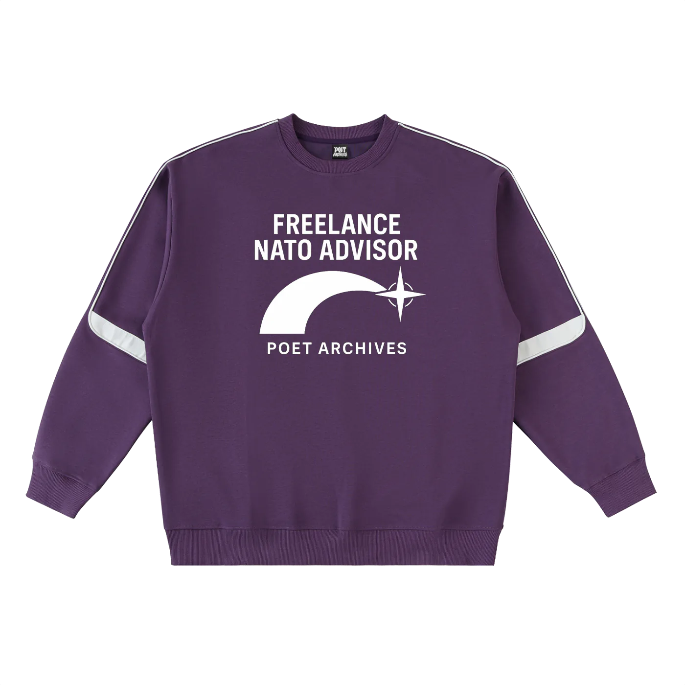 Purple sweatshirt with white text and logo on a white background