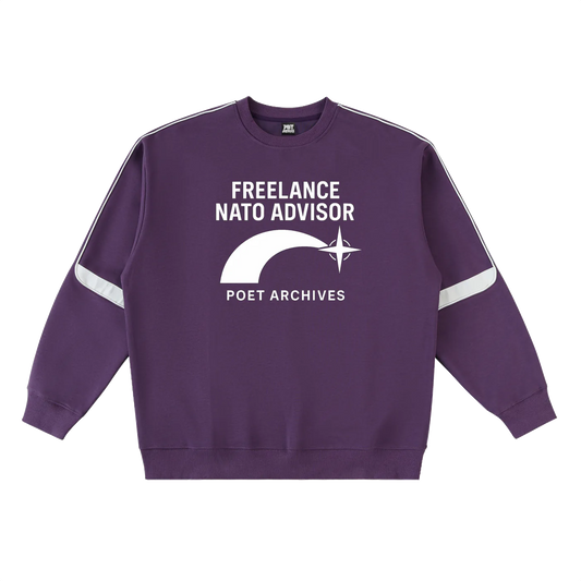 Purple sweatshirt with white text and logo on a white background
