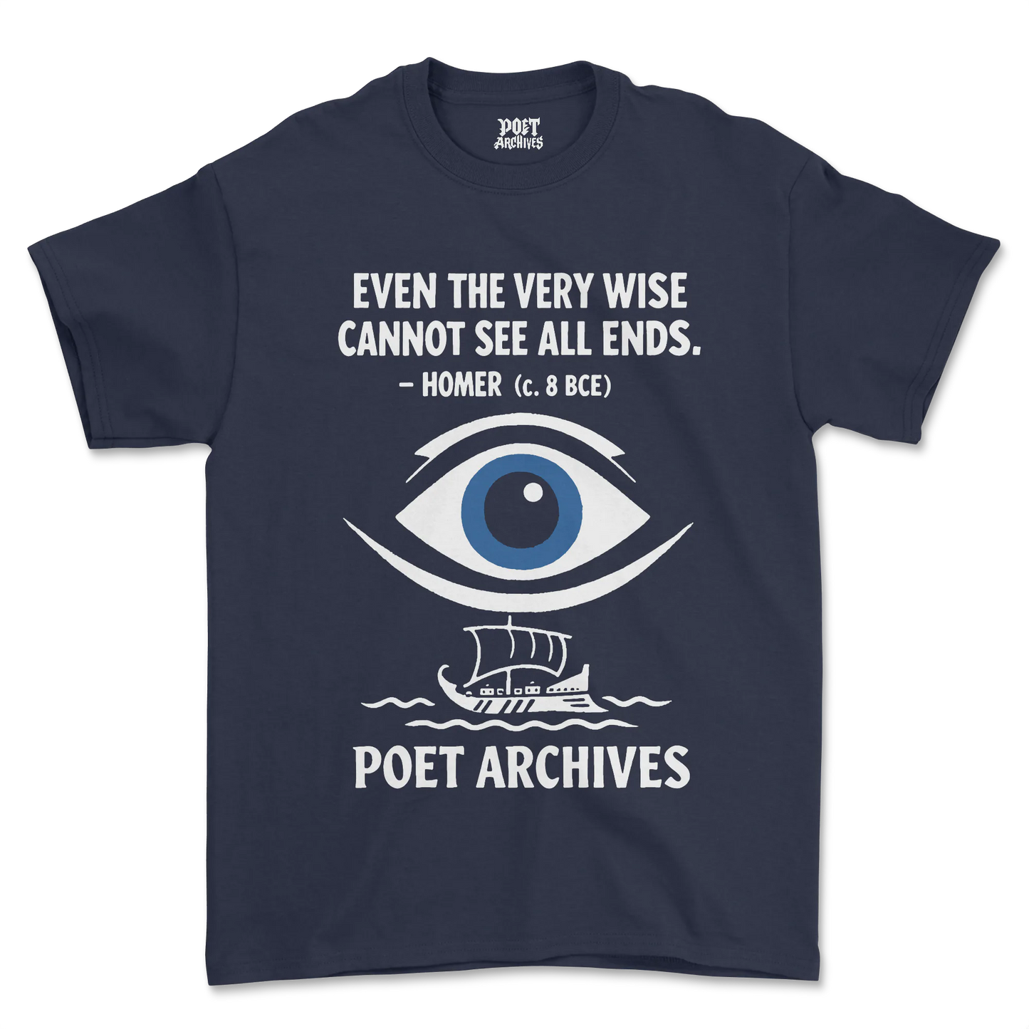 Navy blue t-shirt with eye graphic and text on a white background