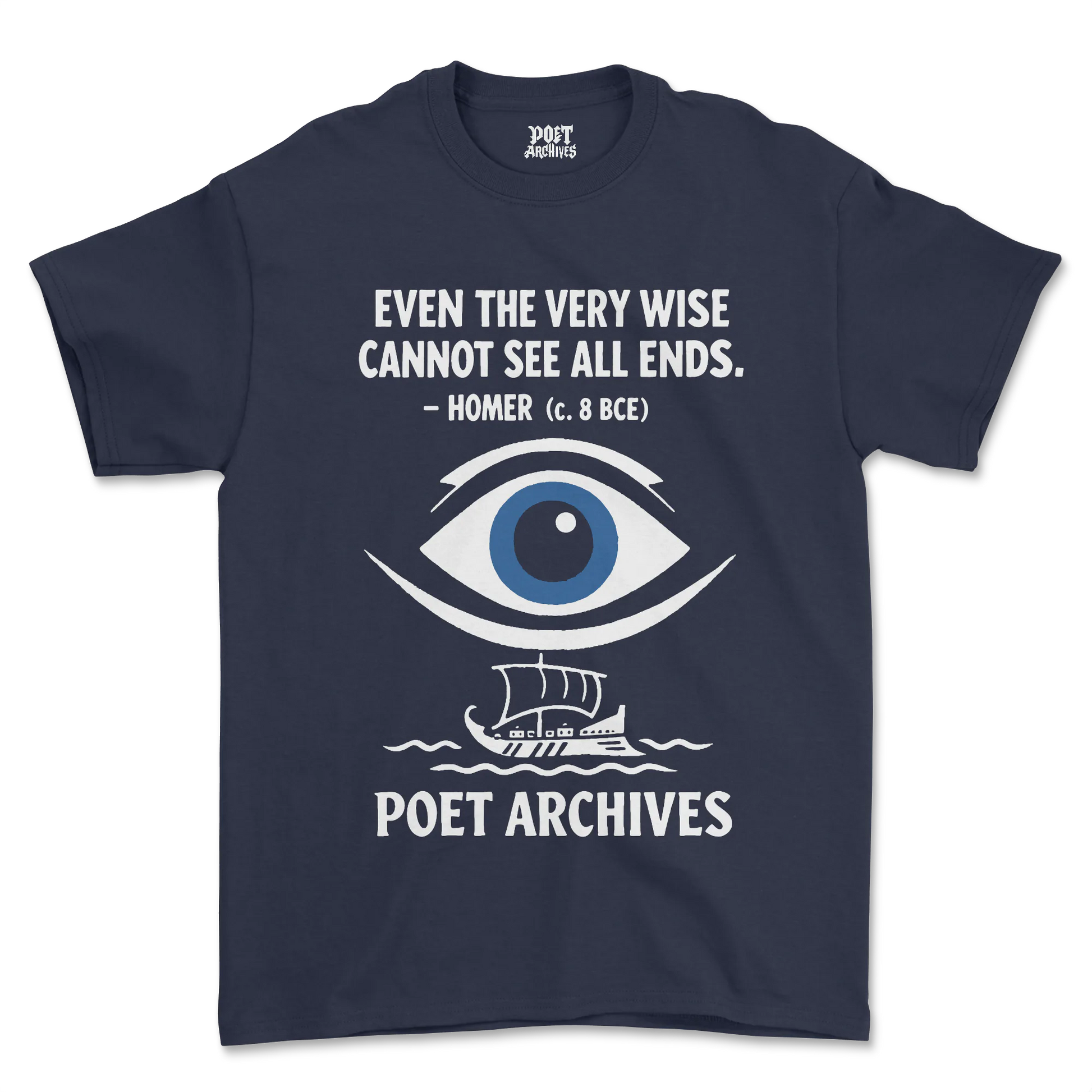 Navy blue t-shirt with eye graphic and text on a white background