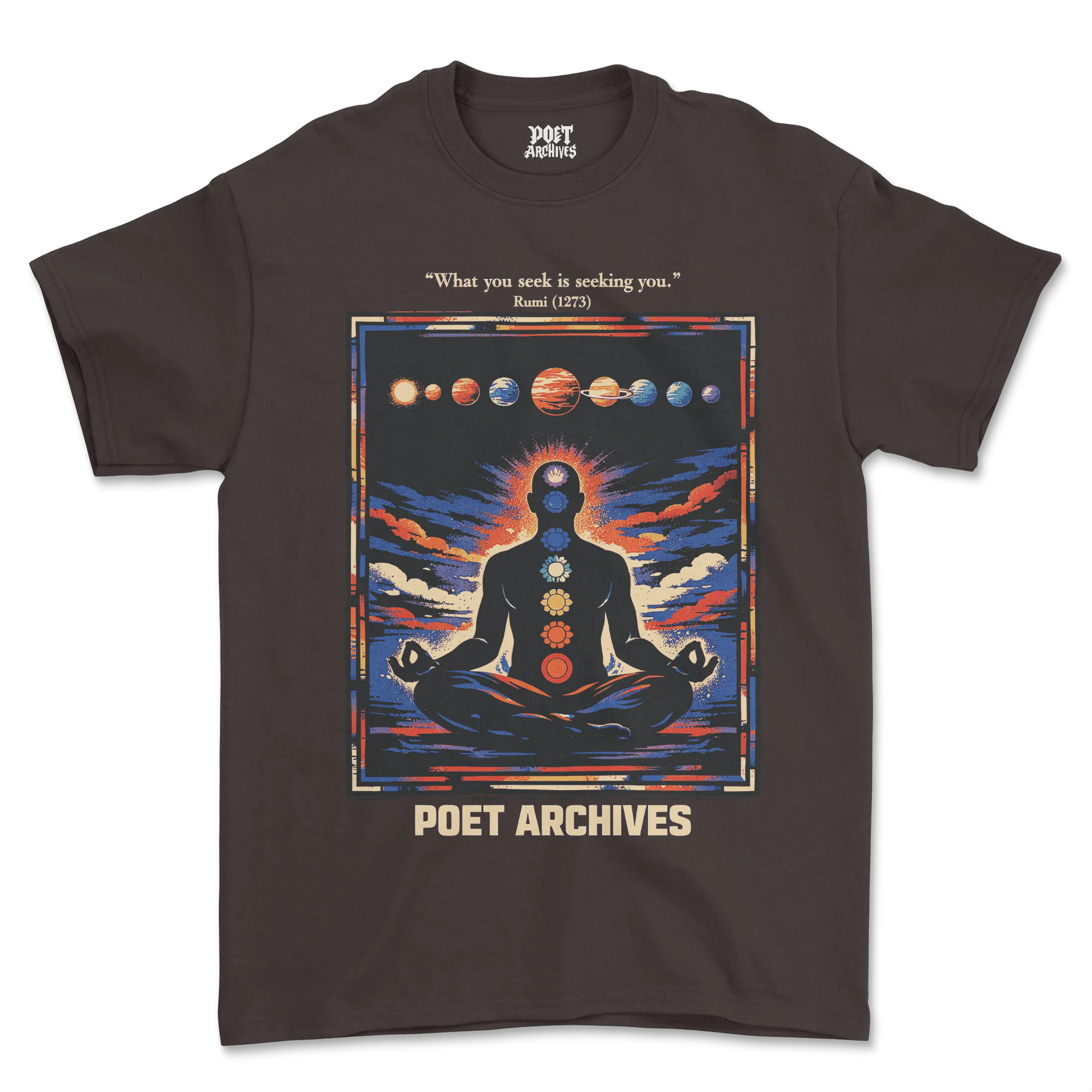 Black t-shirt with a graphic design of a meditating figure and solar system, featuring 'Poet Archives' branding.