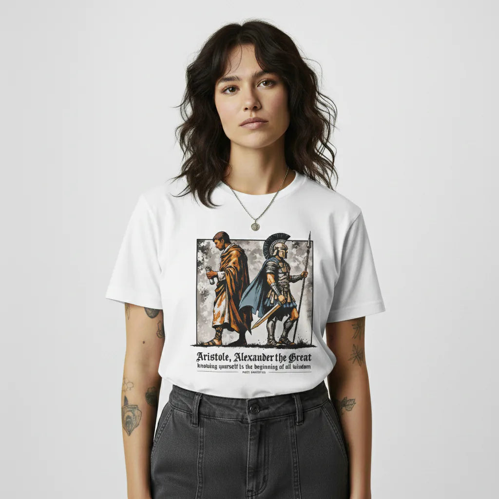 Person wearing a white t-shirt with a graphic design on a plain background