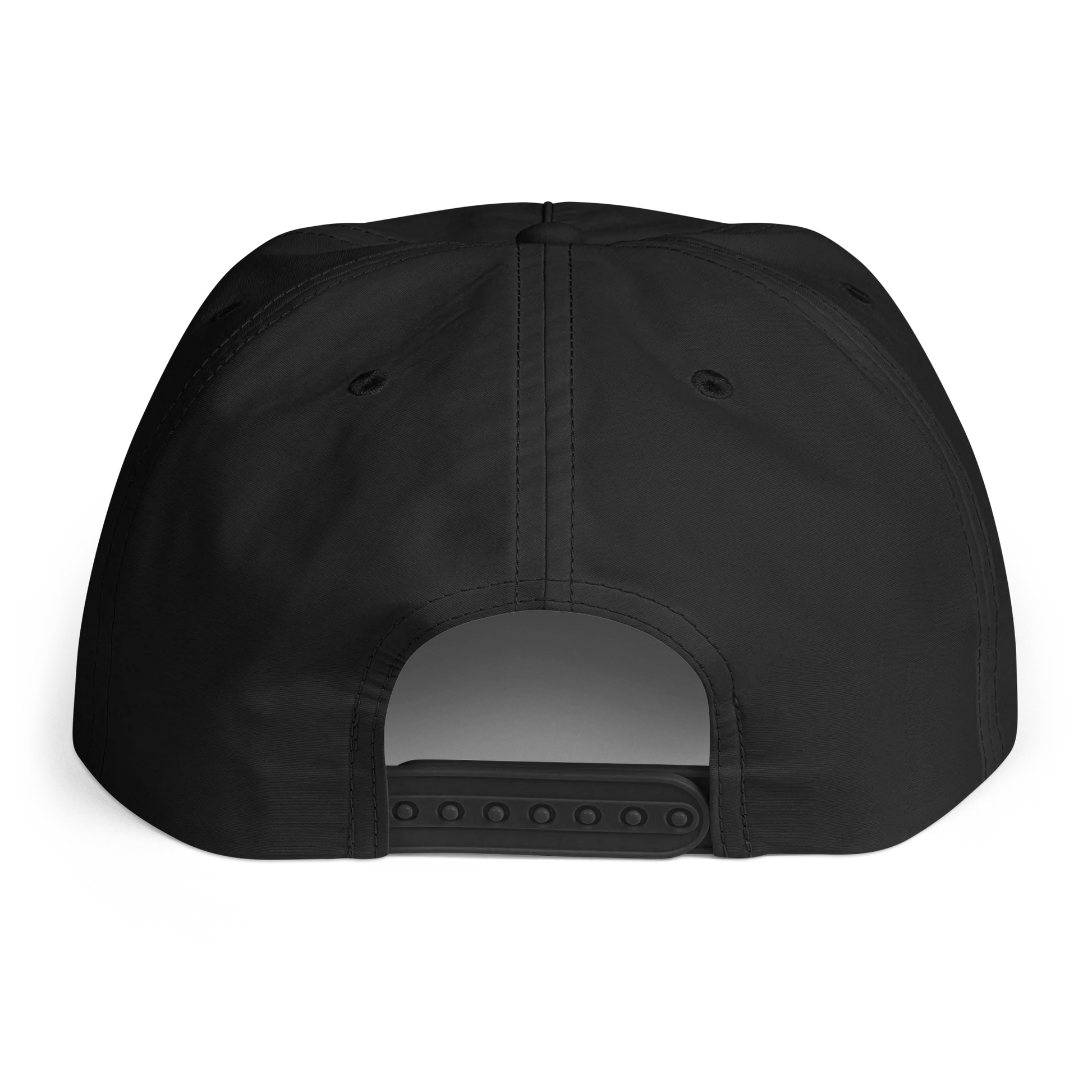 Black cap with a flat brim on a white background