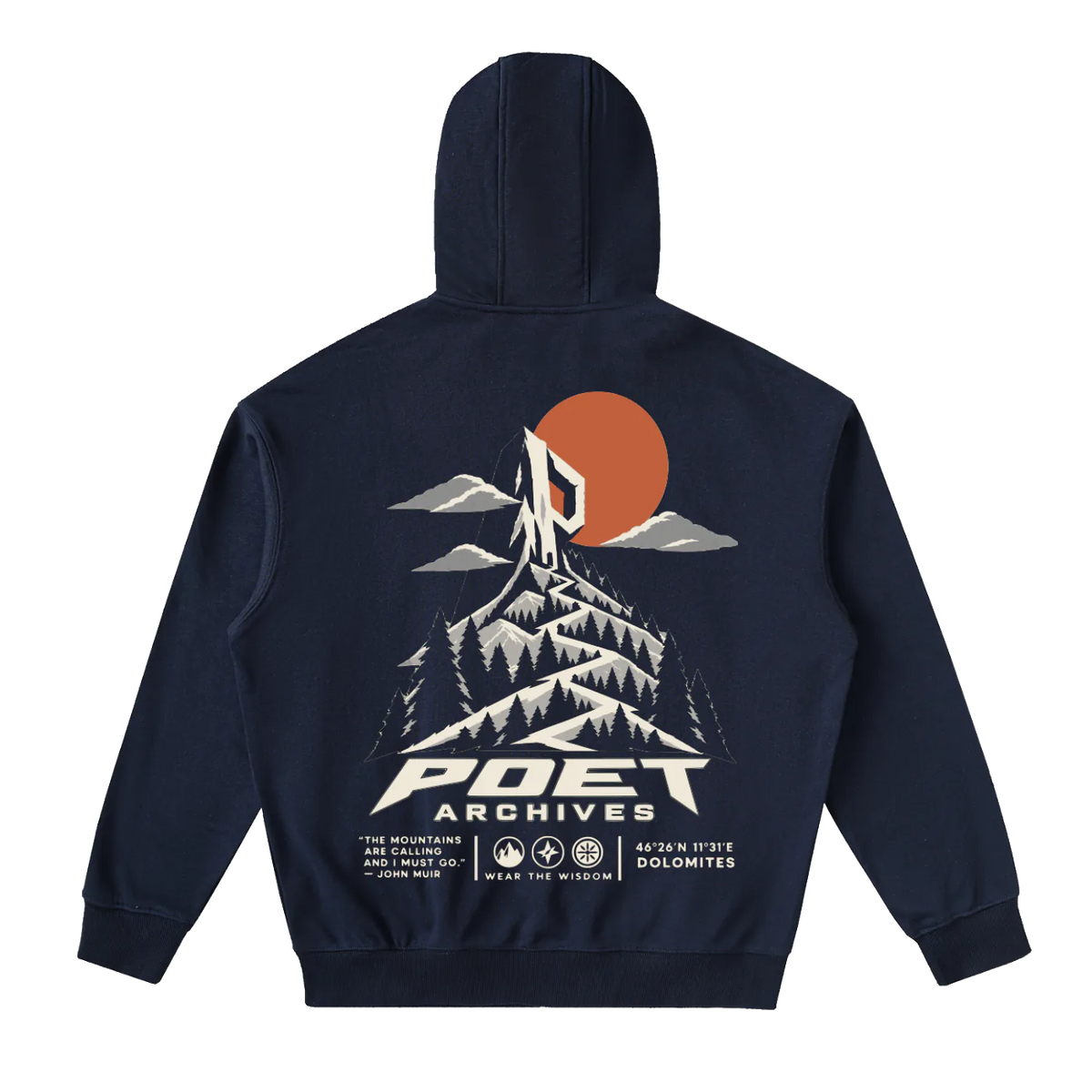 A navy blue hoodie shown from the back, featuring a large graphic print of a mountain peak with a geometric eye motif, a large orange sun, and the text 'POET ARCHIVES' in white.