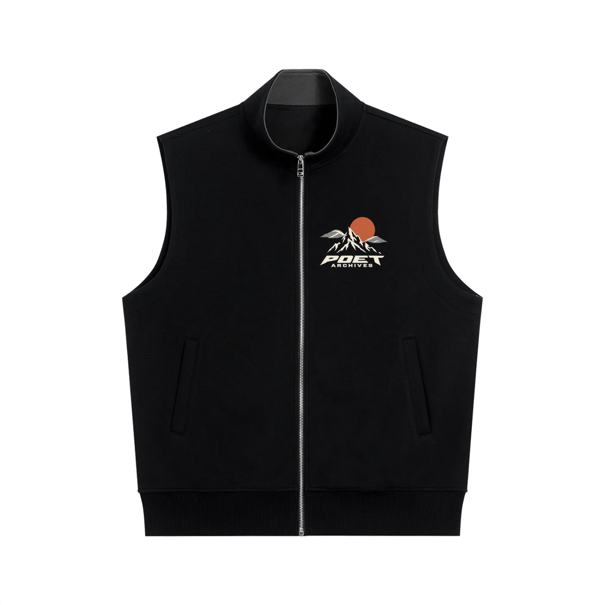 Black Dolomites-inspired hiking vest with mountain graphic and John Muir design