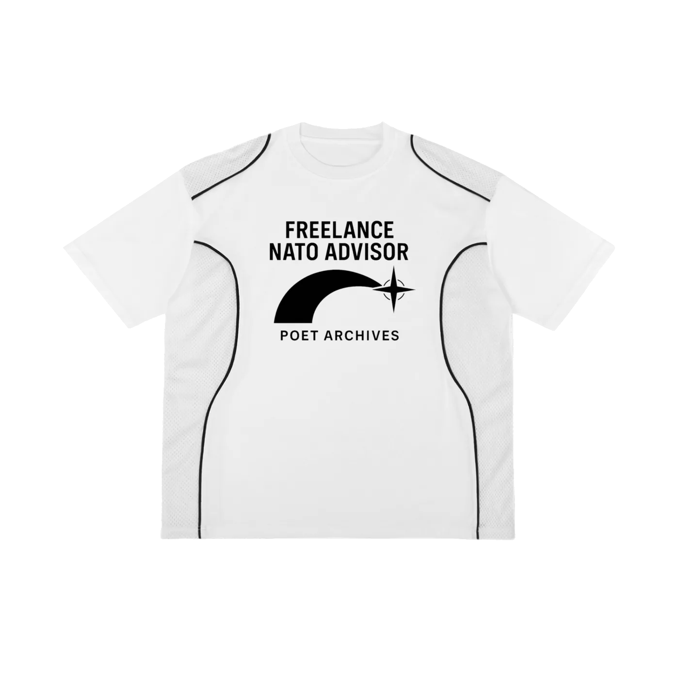 White t-shirt with black text and logo on a white background